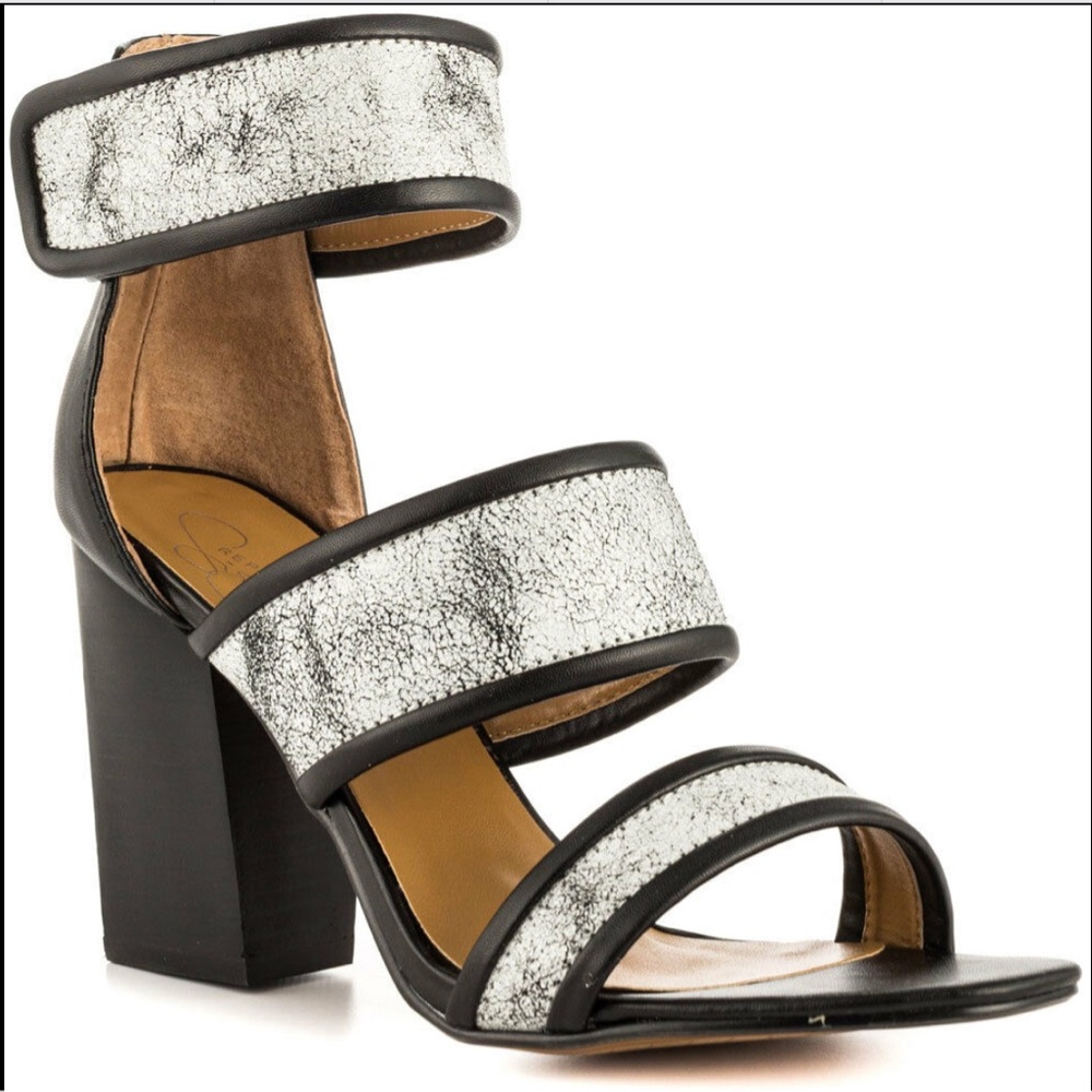 Report Signature Black/White LEATHER Strappy Sandals Heels 7M